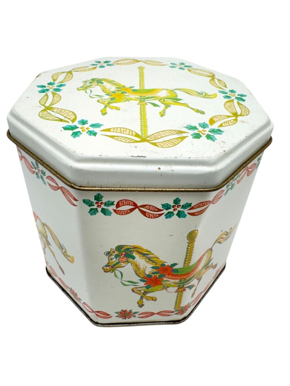 Vtg Hexagonal Tin Carousel Horse Design Holiday 4.5"x4.25" Metal Box